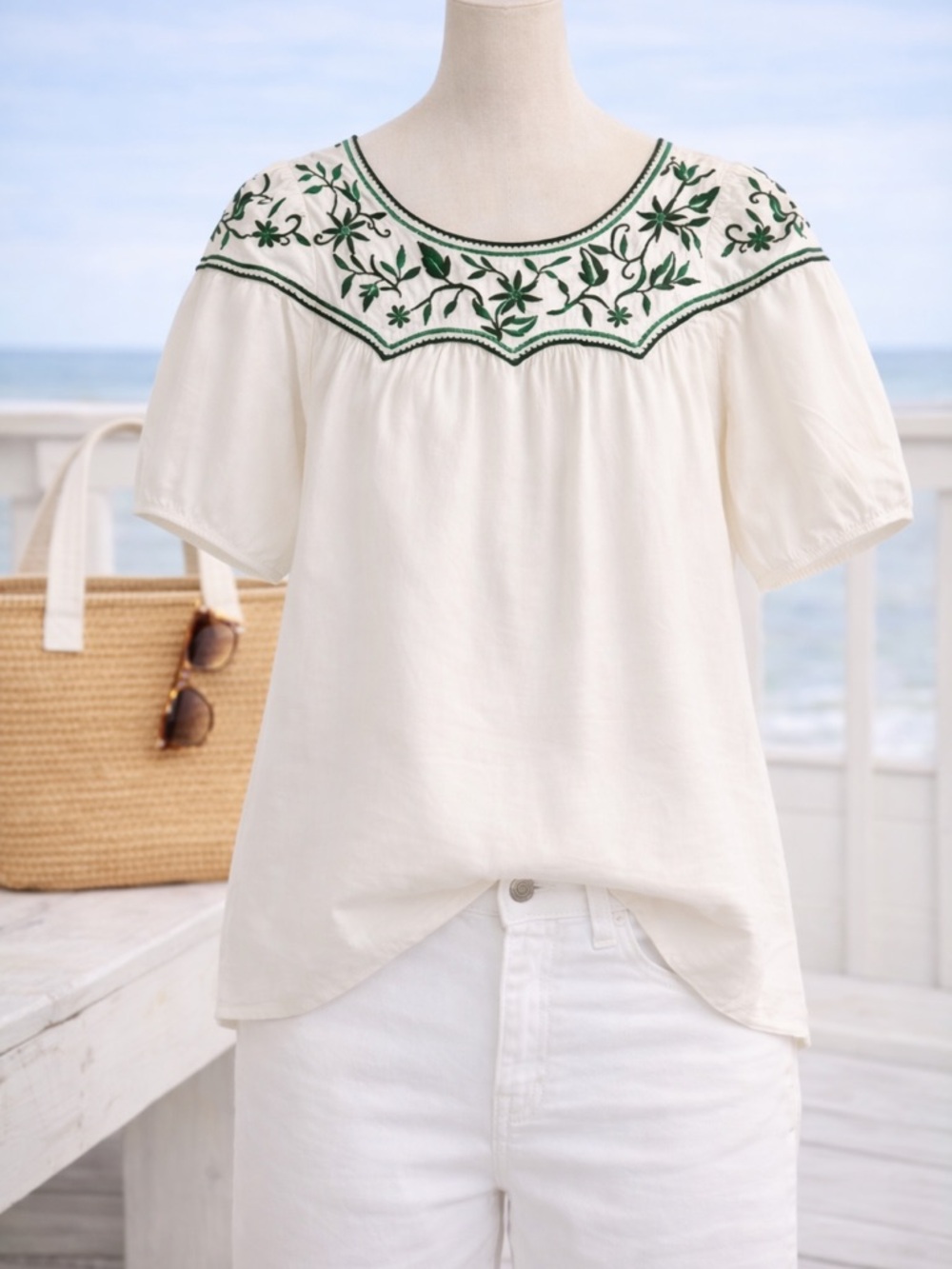 Talbots Embroidered Voile Top White Green Floral Blouse Short Sleeve Size M